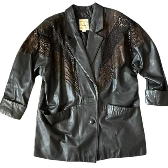 Avanti Black Leather Suede Snake Print Jacket L Oversized Statement 80s - Picture 1 of 9